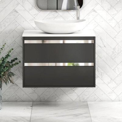Royal Bathrooms Orion 800mm Matt Obsidian Black Wall Hung Plain White Countertop Vanity Unit 2 Drawer With Cesar Basin & Chrome Accent Trim - image 1