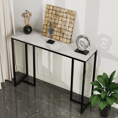 Fativo 100Cm Long Slim Hallway Console Sintered Stone Marble Metal Narrow Modern Side Sofa Industrial Stand, White - image 1