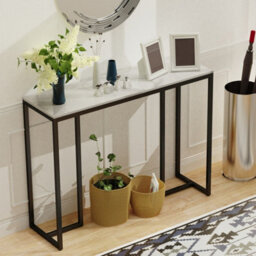 Fativo 100Cm Long Slim Hallway Console Sintered Stone Marble Metal Narrow Modern Side Sofa Industrial Stand, White - thumbnail 8