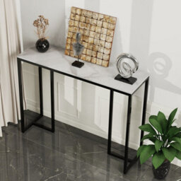 Fativo 100Cm Long Slim Hallway Console Sintered Stone Marble Metal Narrow Modern Side Sofa Industrial Stand, White