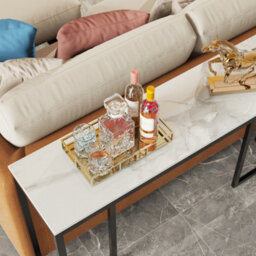 Fativo 100Cm Long Slim Hallway Console Sintered Stone Marble Metal Narrow Modern Side Sofa Industrial Stand, White - thumbnail 3