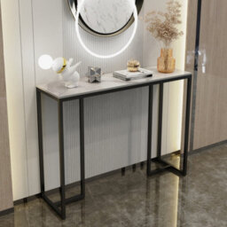 Fativo 100Cm Long Slim Hallway Console Sintered Stone Marble Metal Narrow Modern Side Sofa Industrial Stand, White - thumbnail 7