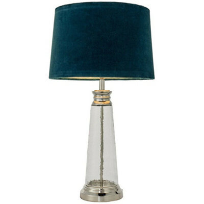 Luxury Table Lamp Textured Hammered Clear Glass & Teal Velvet Fabric Shade Light - image 1