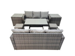 Fimous Garden Rattan Outdoor Furniture Set 8 Seater With 3 Seater Sofa 2 Side Table 2 Small Stools Dark Grey - thumbnail 2