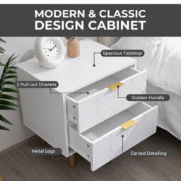 Home Stuff Plus Modern White Bedside Table With 2 Drawers - Bedside Cabinet H53 X W50 X D40 Cm, Bed Side Table For Bedroom & Living Room - thumbnail 3