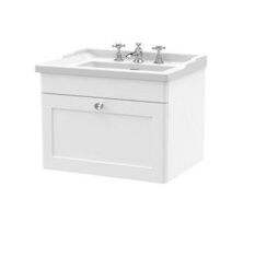 Balterley Swynnerton Traditional 1 Drawer Wall Hung Vanity Unit With Basin, Satin White, 600mm