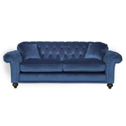 Xample Bordeaux Button Back Blue Velvet 3-Seater Sofa - Tufted Scroll Arms, Foam Cushions, Solid Wood Legs, Accent Pillows Included - thumbnail 6