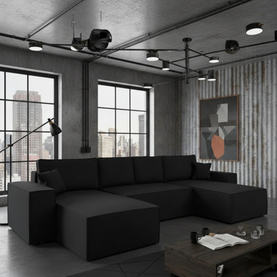 Malaga U Mdf Upholstered Living Room Corner Sofa Bed With Storage Free Standing Backrest 370X181X94Cm Black - image 1
