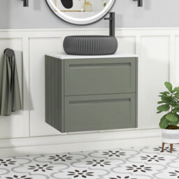 Royal Bathrooms Royal Bathroom Elmore 600mm Matt Green Wall Mounted Bathroom Vanity Unit 2 Drawer Plain White Worktop With Milan Black Basin - thumbnail 1