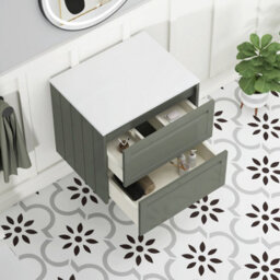 Royal Bathrooms Royal Bathroom Elmore 600mm Matt Green Wall Mounted Bathroom Vanity Unit 2 Drawer Plain White Worktop With Milan Black Basin - thumbnail 6