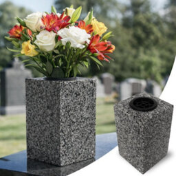 Novecrafto Granite Memorial Vase For Flowers - 25Cm Tall, Solid Grey Stone Square Vase With Insert Grid For Cemetery, Garden Or Home Use