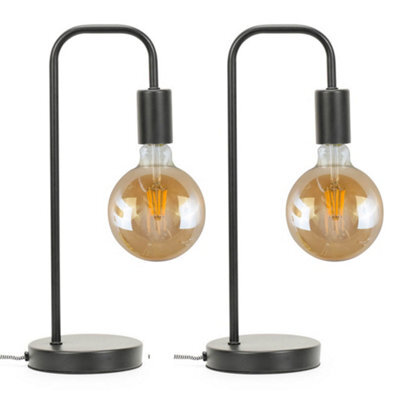 Valuelights Bronx Pair Of Industrial Style Black Metal Curved Stem Bedside Table Lamps Living Room Bedroom Light - image 1