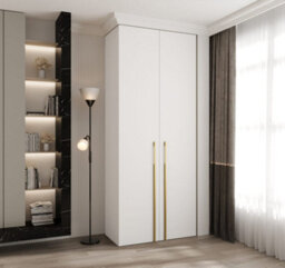 Arte Stylish White Como 3 Hinged Door Wardrobe H2460mm W1000mm D500mm, Two Doors, Eight Shelves, Hanging Rail, Gold Vertical Handles - thumbnail 2