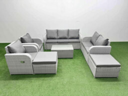 Fimous Pe Rattan Garden Furniture Set Adjustable Chair 2 Seater Sofa Lounge Set Oblong Coffee Table 2 Big Footstool Light Grey - thumbnail 1