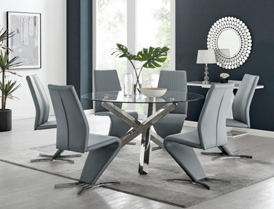 Furniturebox Uk Vogue Large Round Chrome Metal Clear Glass Dining Table And 6 Elephant Grey Willow Dining Chairs Set - image 1