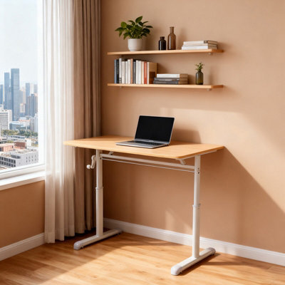 Living And Home Natural Wood Colour Carbon Steel Wide Manual Lift Height Adjustable Office Desk Easy Household Setup 100Cm(W) - image 1