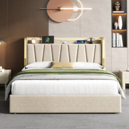 Btm 4Ft6 Double Beige Linen Ottoman Bed With Hydraulic Storage Led Chrome Trim Headboard Usb And Type C - thumbnail 2