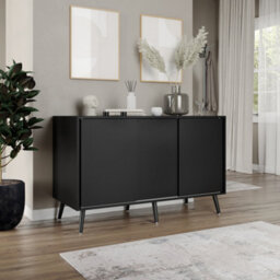 Urbn-Living Urbnliving 3-Door Sliding Cabinet Sideboard Black Carcass With Black Doors Storage Organiser Home Cupboard Black Wooden Legs - thumbnail 3