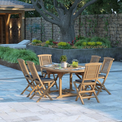 Eterna Bruges Teak Garden Outdoor Dining Table & 6 Seat Chair Set - With Green Cushions - image 1