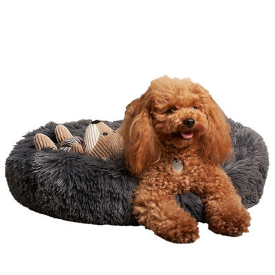 OHS Dog Bed Fluffy Plush Fleece Pet Calming Anti Anxiety Round, Charcoal - Medium - image 1
