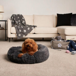 OHS Dog Bed Fluffy Plush Fleece Pet Calming Anti Anxiety Round, Charcoal - Medium - thumbnail 3