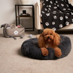 OHS Dog Bed Fluffy Plush Fleece Pet Calming Anti Anxiety Round, Charcoal - Medium - thumbnail 4