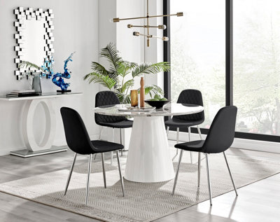 Furniturebox Palma White Marble Effect Round 4-6 Seater Pedestal Dining Table & 4 Black Corona Faux Leather Silver Leg Chairs - image 1