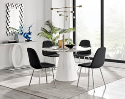 Furniturebox Palma White Marble Effect Round 4-6 Seater Pedestal Dining Table & 4 Black Corona Faux Leather Silver Leg Chairs - thumbnail 1
