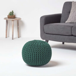 Homescapes Forest Green Round Cotton Knitted Pouffe Footstool - thumbnail 2