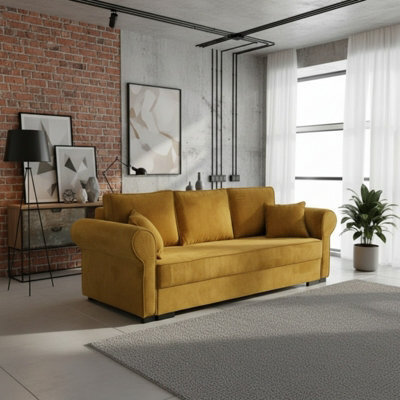 Olimpia Corduroy Sofa Bed With Storage Dl Pull Out Sleeping Function Freestanding Back 234X92X92Cm Yellow - image 1