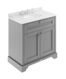 Hudson Reed Floor Standing Two Door Traditional Vanity Unit With 3 Tap Hole White Marble Top & Basin In Storm Grey, 820 X 470mm