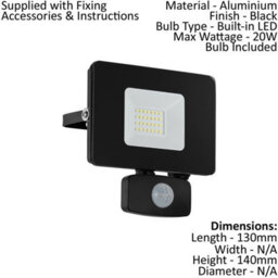 Ip44 Outdoor Flood Light With Pir Sensor - 20W Led In Black Aluminium - thumbnail 2