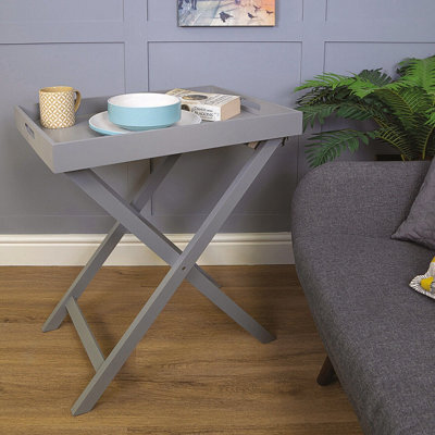 Folding Butlers Tray & Stand - Stylish Wooden Side Table With Detachable Top For Serving Food Or Drinks - H77 X W60 X D40Cm, Grey - image 1