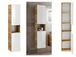 Impact Furniture Bathroom Wall Cabinet Tall Storage Unit White Gloss And Oak Tallboy Slim Narrow Shelving Aruba