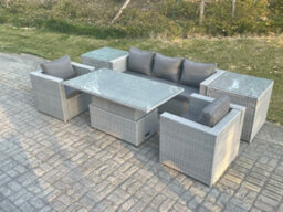 Fimous Rattan Garden Funiture Set Adjustable Rising Lifting Table Sofa Dining Set With 2 Arm Chair 2 Side Table - thumbnail 3