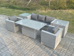 Fimous Rattan Garden Funiture Set Adjustable Rising Lifting Table Sofa Dining Set With 2 Arm Chair 2 Side Table - thumbnail 2