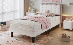 Matteo Children's 3Ft Single Upholstered Bed, Beige & Pink Velvet, Biscuit Headboard, Sturdy Slats & Safe Edging - thumbnail 7