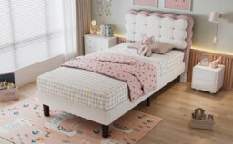 Matteo Children's 3Ft Single Upholstered Bed, Beige & Pink Velvet, Biscuit Headboard, Sturdy Slats & Safe Edging - thumbnail 8