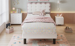 Matteo Children's 3Ft Single Upholstered Bed, Beige & Pink Velvet, Biscuit Headboard, Sturdy Slats & Safe Edging - thumbnail 9