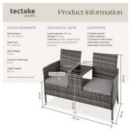 Tectake Garden Bench Narbonne - 2-Seater With Table, Weather-Resistant Polyrattan - Grey/light Grey - 1 - thumbnail 6