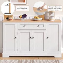 Abrihome 138Cm Modern Sideboard With Drawer, Shelf Doors & Adjustable Shelves, Tip-Over Protection, Natural+White - thumbnail 2