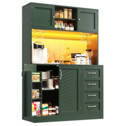 Btm Sideboard 120X40X188Cm, 4 Doors And 2 Drawers, Led Lighting, Snack Rack And Drink Holders, Green - thumbnail 9