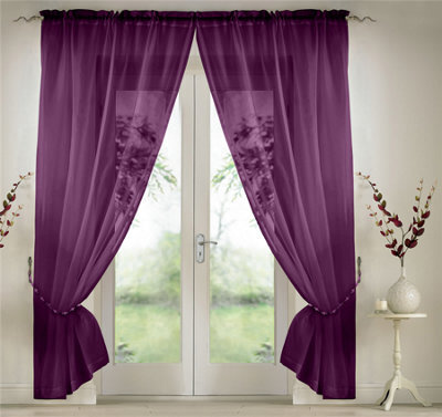 Luxury Living Elegant Plain Voile Curtain Panels Pair With Free Tie Backs Purple - image 1