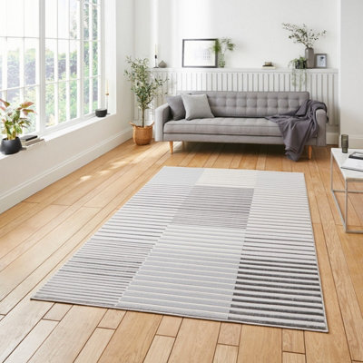 Grey Ivory Striped Modern Easy To Clean Rug For Dining Room-120Cm X 170Cm - image 1