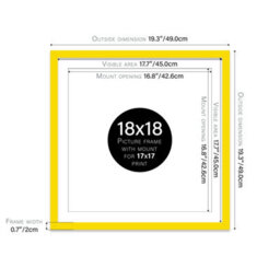 "18X18"" Yellow Picture Frame - 18X18"" Square Frame With 17X17"" Mount For 18X18""/17X17"" Pictures Moderrn Style Thin Edge, 1 Pack" - thumbnail 2