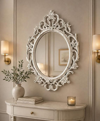 Deenz Ornate Baroque Wall Hanging Mirror White Rustic Oval Vintage Plastic Framed Elegant Living Room Furniture Large 69X48X3.5Cm - image 1