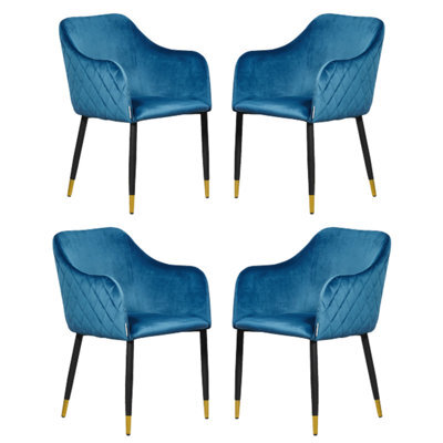 Life Interiors Set Of 4 Blue Verona Velvet Dining Chairs With Quilted Back & Black Legs - Modern Accent Chair With Gold Foot Tips - image 1
