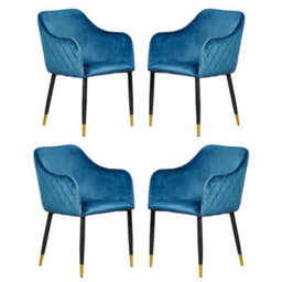 Life Interiors Set Of 4 Blue Verona Velvet Dining Chairs With Quilted Back & Black Legs - Modern Accent Chair With Gold Foot Tips
