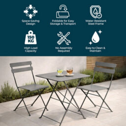 Jack Stonehouse Jsh Garden Bistro Light Grey Dining Patio Set With 1 X Table & 2 X Chairs Folding Steel Rubber Feet - thumbnail 2