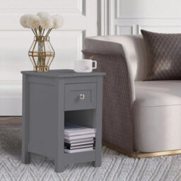 Grey Wood Side Table Slim Narrow Night Stand Bedside Drawer Storage Cabinet - thumbnail 1